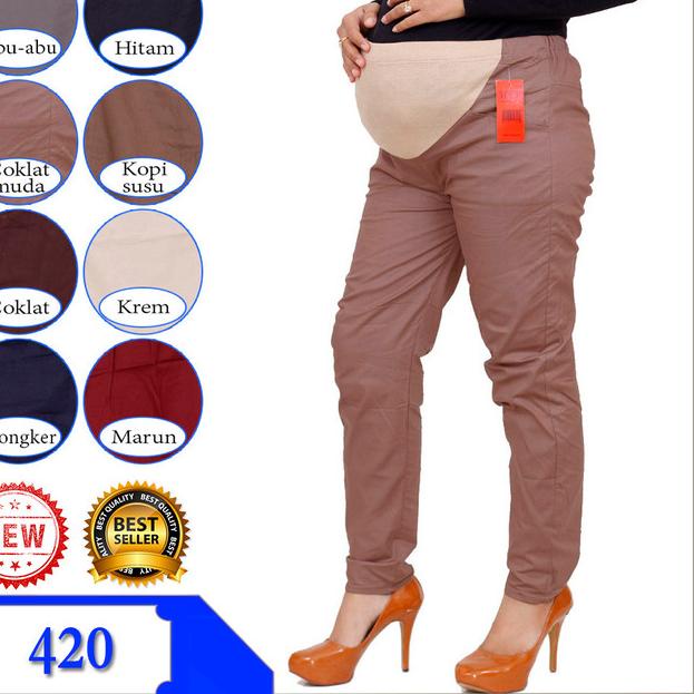 Celana kerja ibu hamil bahan katun twill strech - Cokelat
