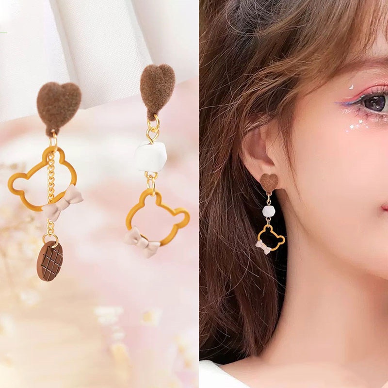 Anting Tusuk Asimetris Model Hati / Beruang Lucu Untuk Wanita