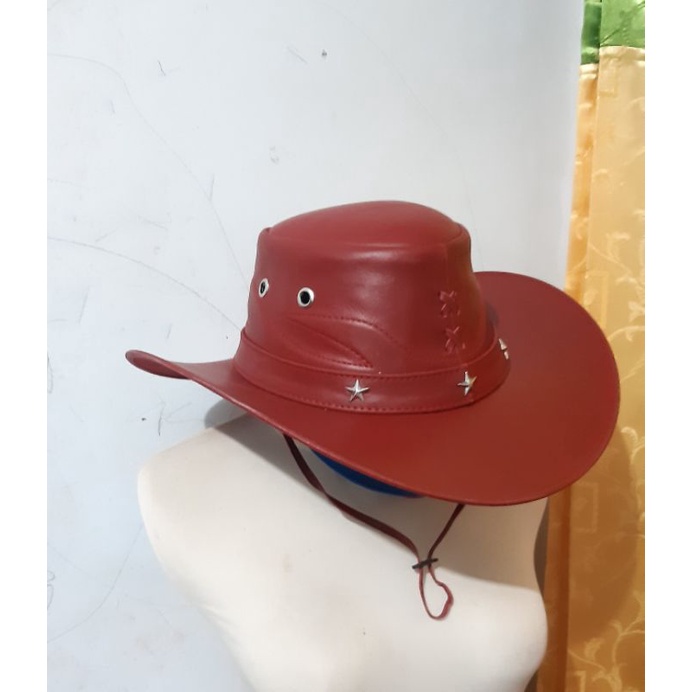 topi koboy dewasa Kulit Asli warna merah