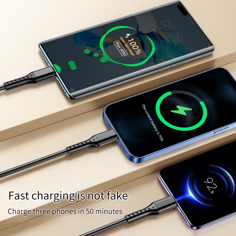 Actual 2022 terbaru 3in1 M300 pengisian cepat 6A 66W Micro + TypeC + for iphone 120cm mendukung pengisian cepat / pengisian cepat