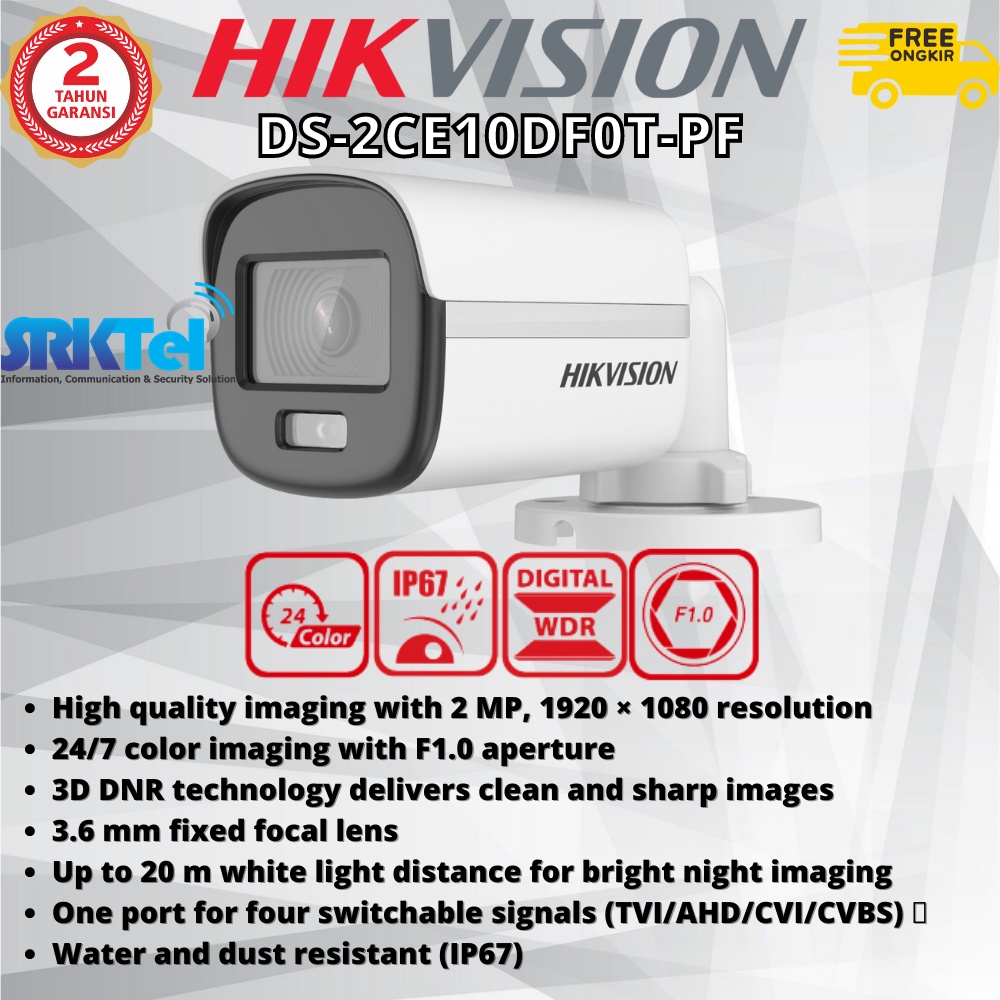 Hikvision DS-2CE10DF0T-PF Kamera CCTV Colorvu Full Time Color 2MP