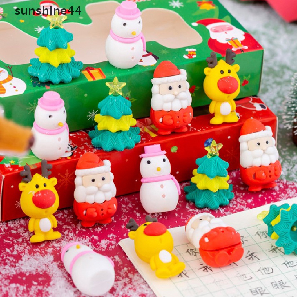 Sunshine 4pcs / Set Penghapus Pensil Motif Santa Claus Natal Untuk Stationery Anak / Sekolah / Kantor