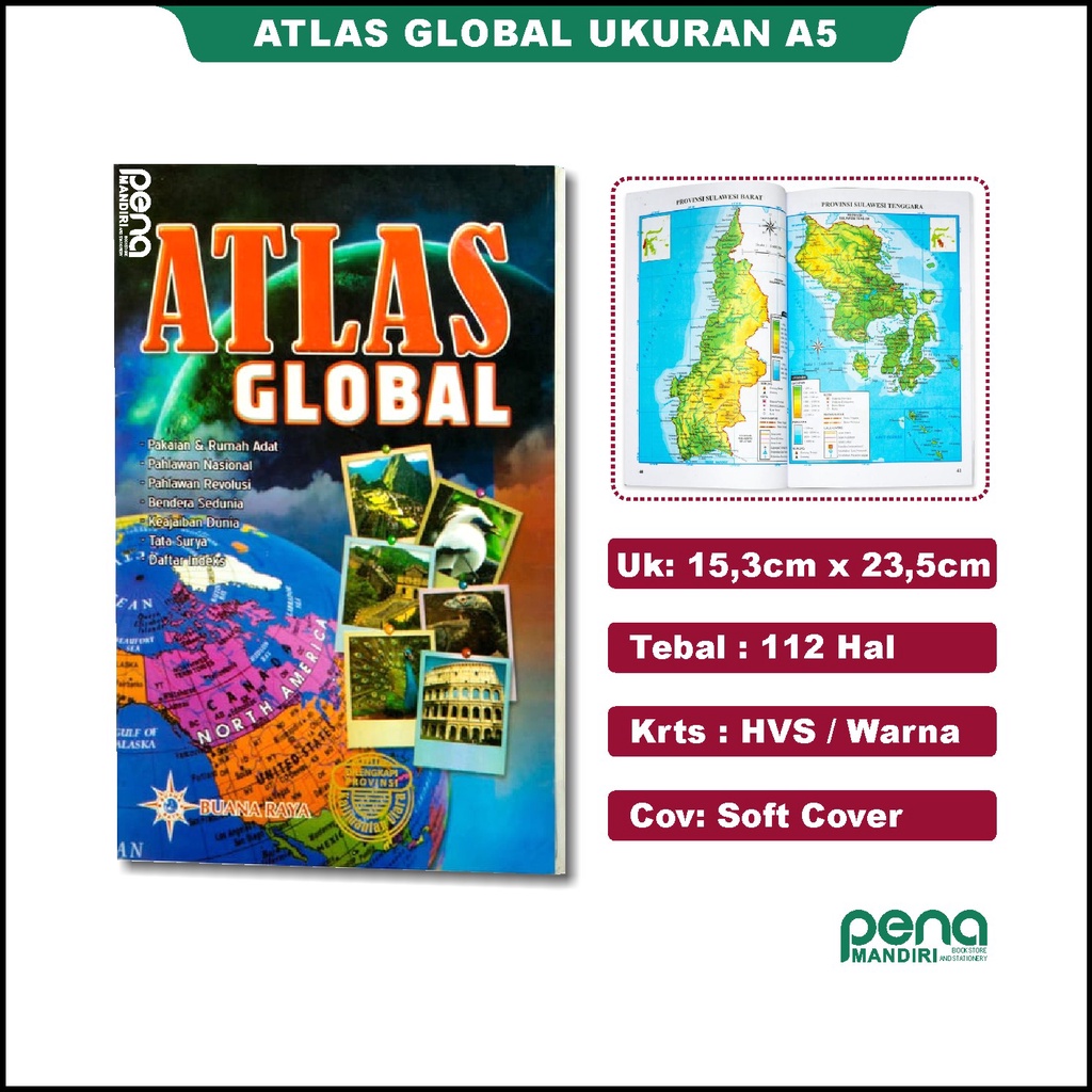 BUKU ATLAS GLOBAL INDONESIA DAN DUNIA TERLENGKAP KERTAS HVS FULL COLOR