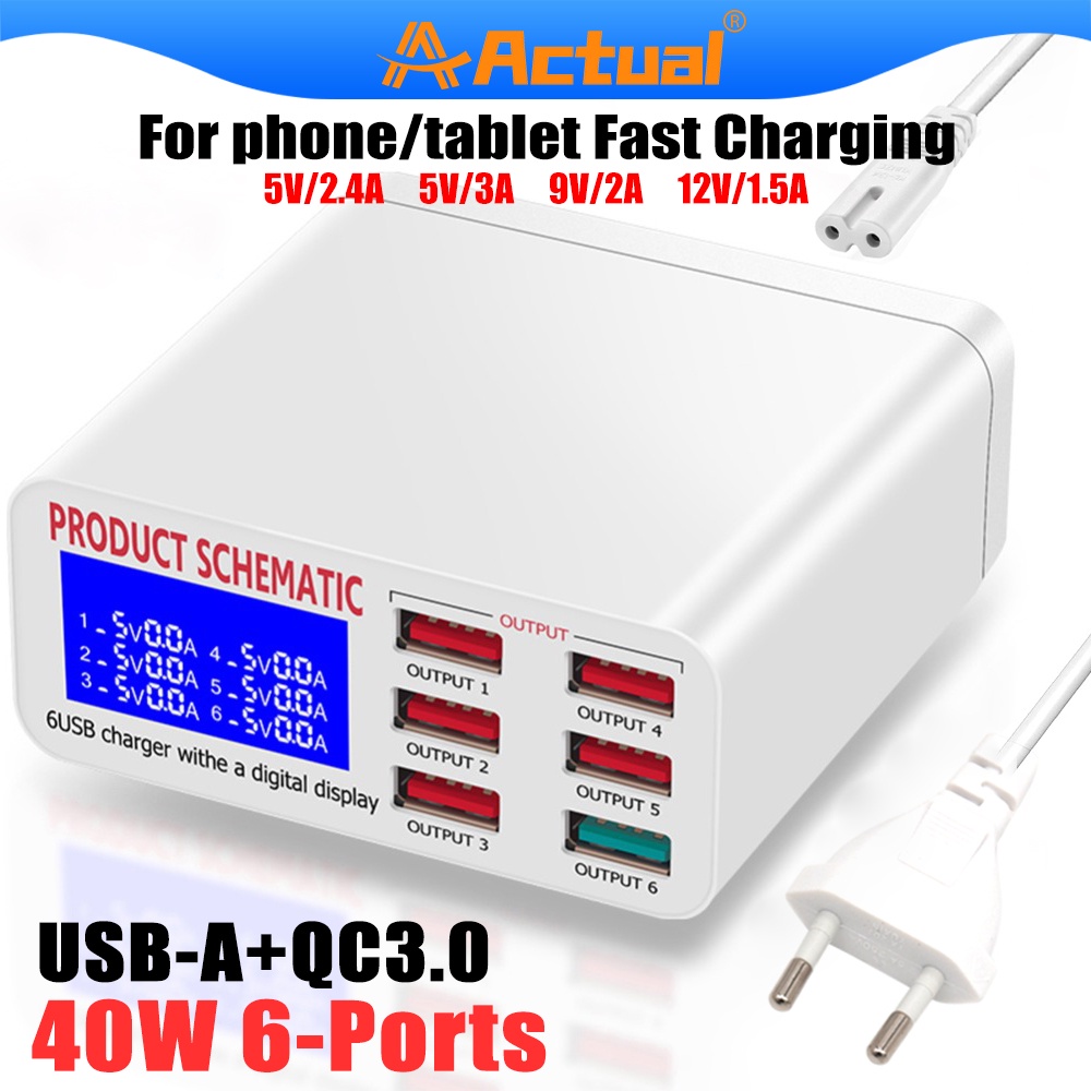 Actual【COD】6 USB Port Multi Port Charger Fast Charger LED Function 40W for Desktop office socket travel chargering