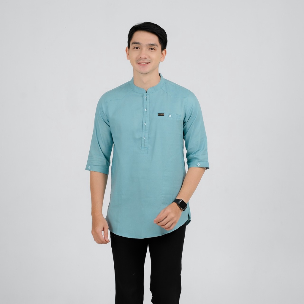 Shiddiq Baju Koko Pria Lengan 3/4 Katun Linen Biru Wardah