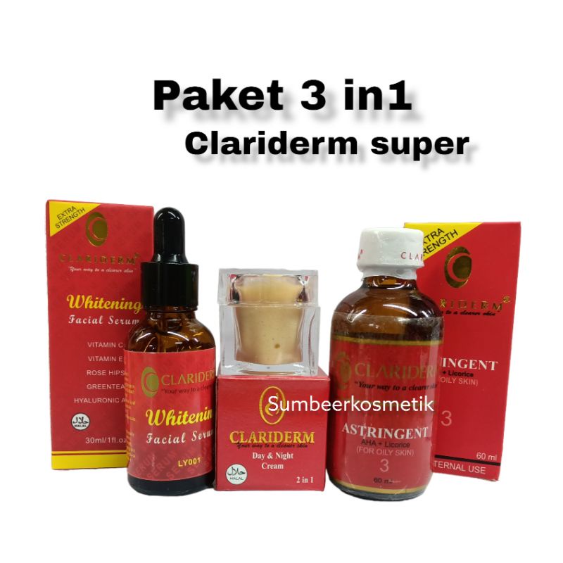 Paket 3in1 Clariderm Cream Serum Dan Toner Perawatan Wajah semua jenis kulit