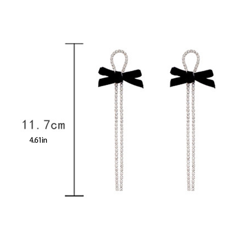 Fancyqube Anting Rumbai Panjang Desain Pita Warna Hitam Bahan Metal Aksen Kristal Untuk Wanita