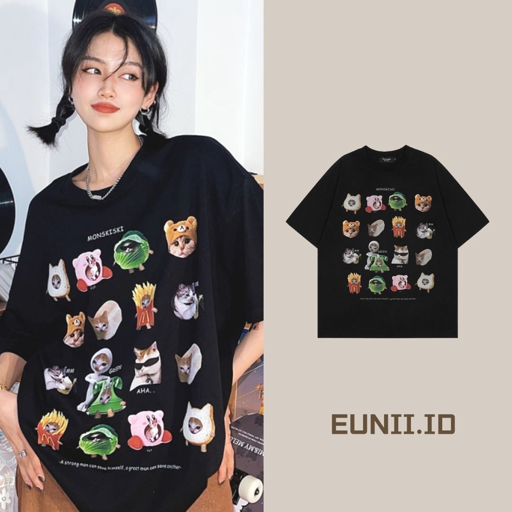 EUNII T-shirt Lengan Pendek Cute Cat Life Korean Style/Kaos Atasan Wanita/Baju Kaus Oversize Wanita