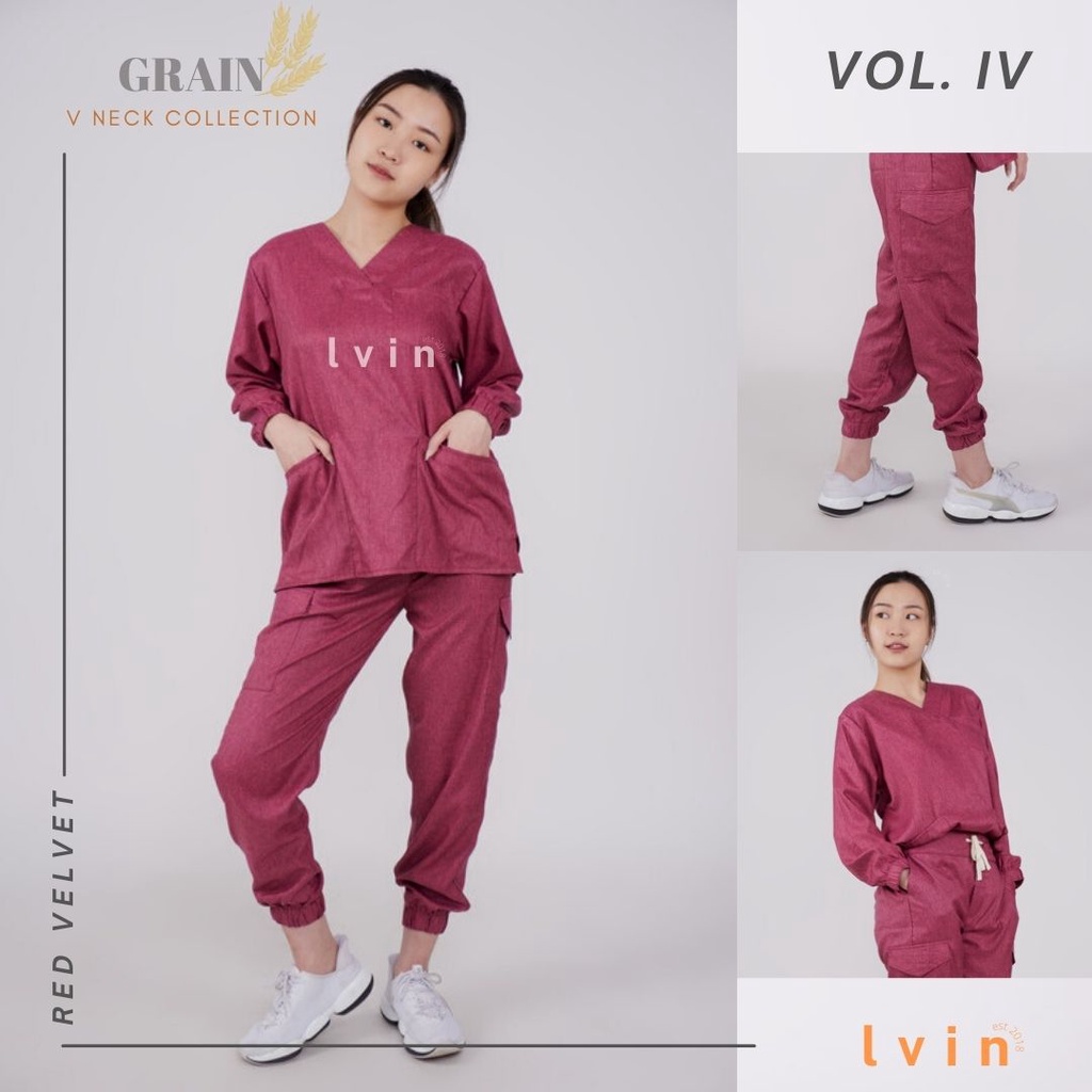 [ Lvin ] Vol IV - Denim 01 - Baju OKA Lengan Panjang Karet  Celana Joger / Baju oka joger / Baju Oka V neck / Baju Jaga / Set Baju Celana Jaga Oka / Dokter Lengan Panjang/ Baju OK two tone