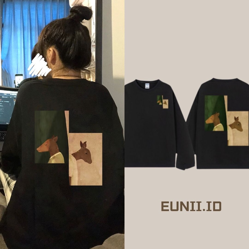 EUNII Sweater Lengan Panjang Cartoon Elk Korean Style/Hoodie Oversize/Baju Wanita/Switer Wanita