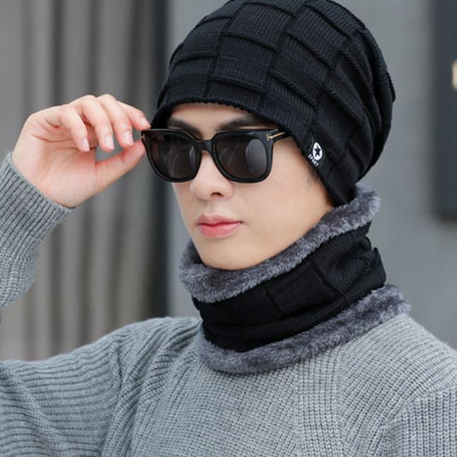 Set Topi Kupluk Tebal Bulu Rajut Scarf Hat Kupluk Bintang Satu Set - Hitam