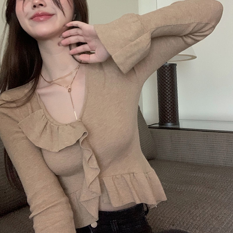 Red Desain rasa ceruk daun teratai sweater lengan lonceng wanita musim semi dan musim gugur lemak mm ukuran besar tidak teratur atasan lengan panjang bottoming