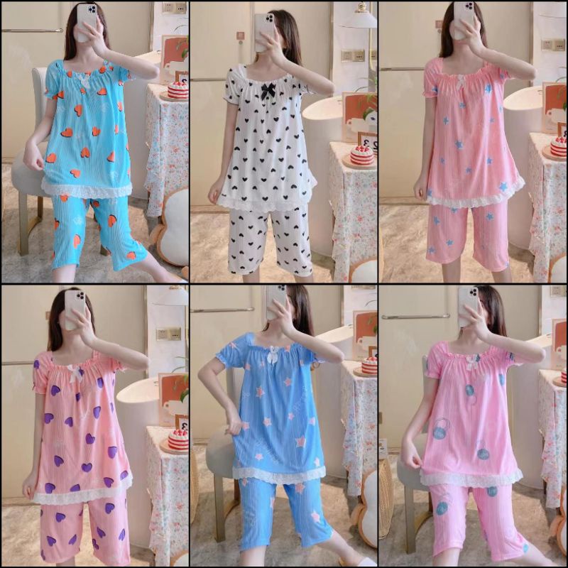 Baju tidur wanita import stelan piyama celana 3/4