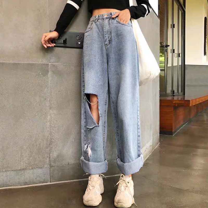 korea fashion highwaist Loose murah robek celana jeans wanita