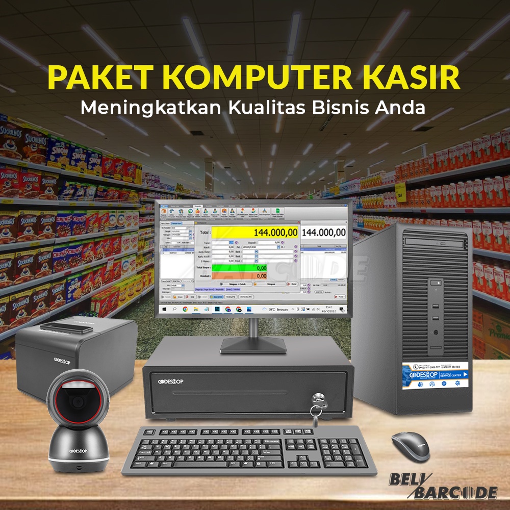 Paket Full Set Komputer Software Scanner Barcode Printer Kasir Cash Drawer Murah