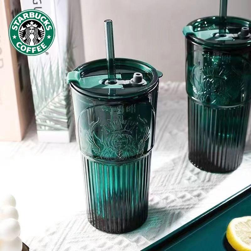 Original 100% 600ML Starbucks Dark Green Goddess Glass High Color Straw Cup Starbucks Tumbler