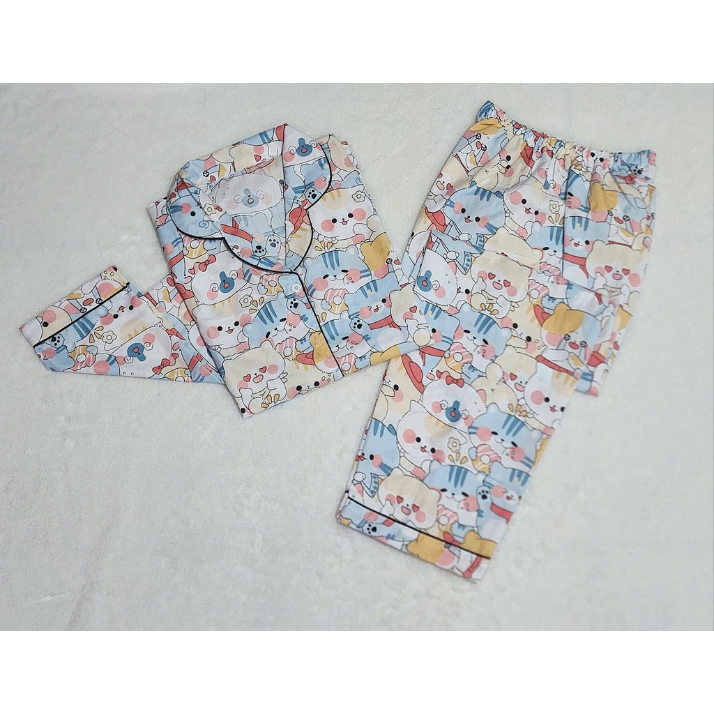 piyama baju tidur dewasa motif kucing part 1 setelan pajamas cewek wanita lengan pendek lengan panjang celana panjang