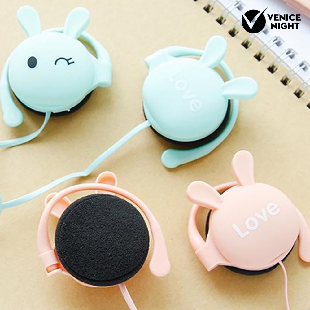 (VNEP) (Berkabel) Lucu Kelinci Stereo Earphone Headphone dengan Mic 3.5mm Ear-hook Sport Headset Hadiah