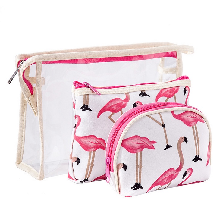 AWM Tas Kosmetik Skincare Multifungsi Travel Organizer PVC Waterproof Motif Flamingo Set 3 / travel bag simpel modern tahan air praktis ringan murah bagus awet