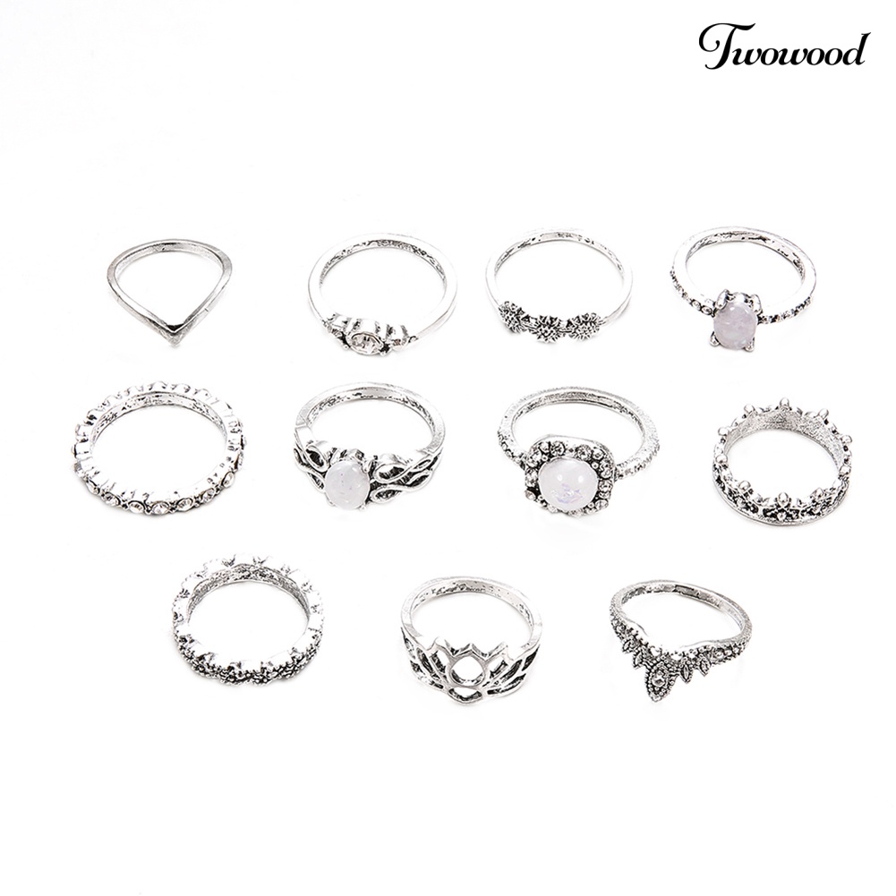 Set 11Pcs Cincin Knuckle Stacking Hias Opal Berlian Imitasi Untuk Wanita