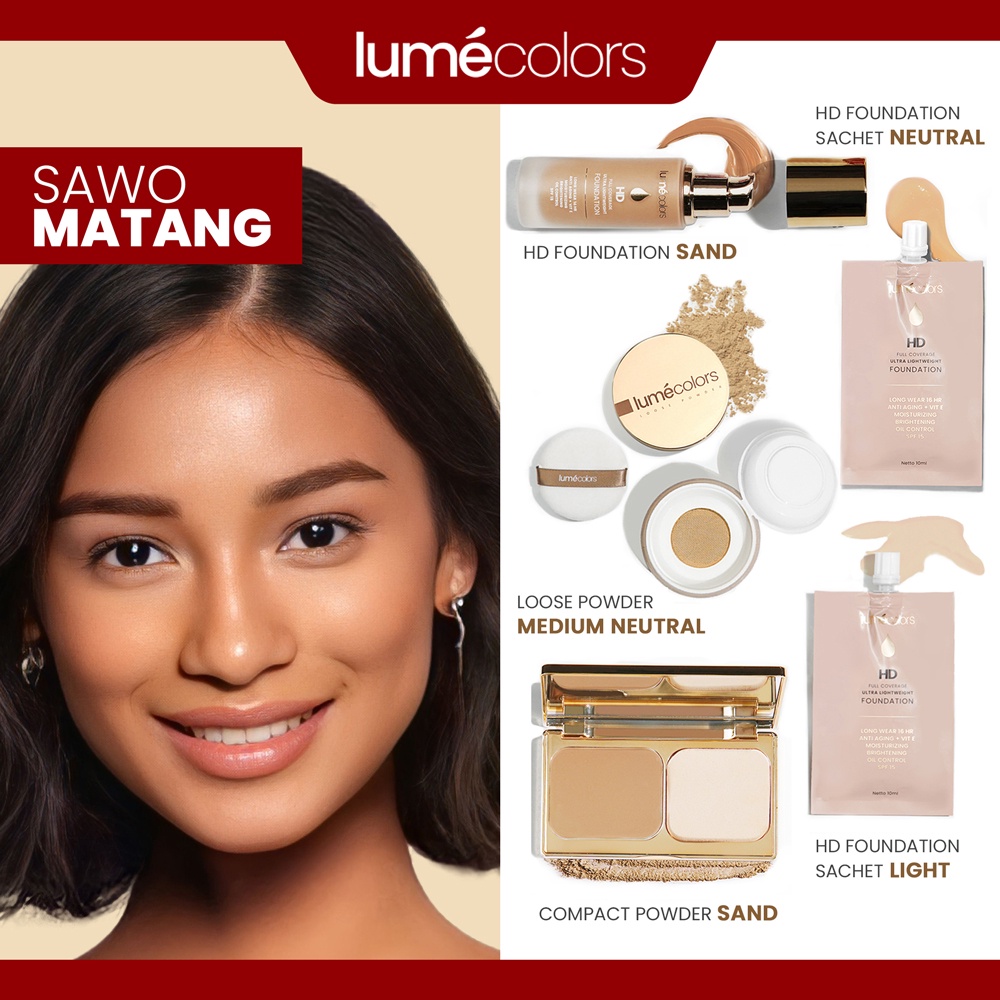 (Free Emas) Agen Resmi Lumecolors Paket Bundling Lengkap 5in1 Perfect Complexion Foundation + Compact Powder + Loose Powder + 2x Sachet untuk 5 tone wajah kulit BPOM Tahan Lama