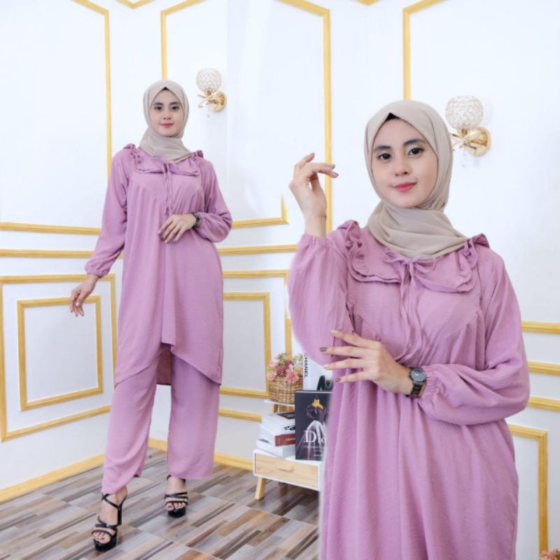 Set crinkel ld 110 setelan cplp polos tunik set celana busui terbaru