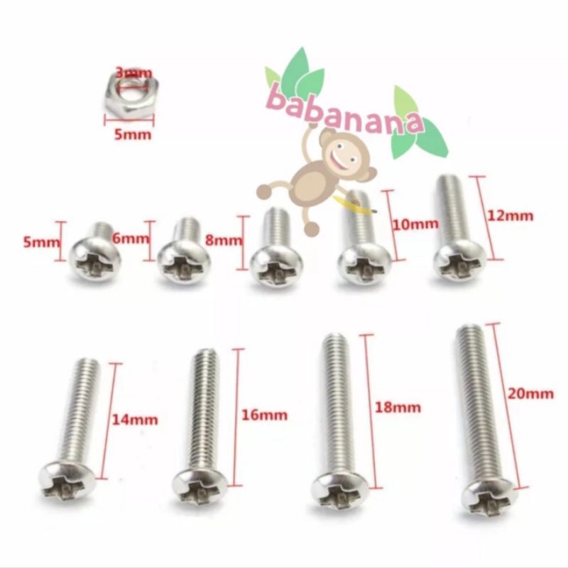 340pcs M3 plus screw button head baut sekrup stainless besi mur nut