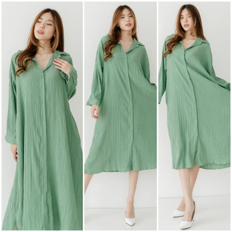 ♡ PREMIUM ♡ ORIGINAL !  MAHEERA BIG SIZE JUMBO PLEATED CRINKLE COLLAR BUTTON LONG SLEEVE MIDI LOOSE DRESS WITH BELT ( BUSUI , HIJAB &amp; BUMIL FRIENDLY )