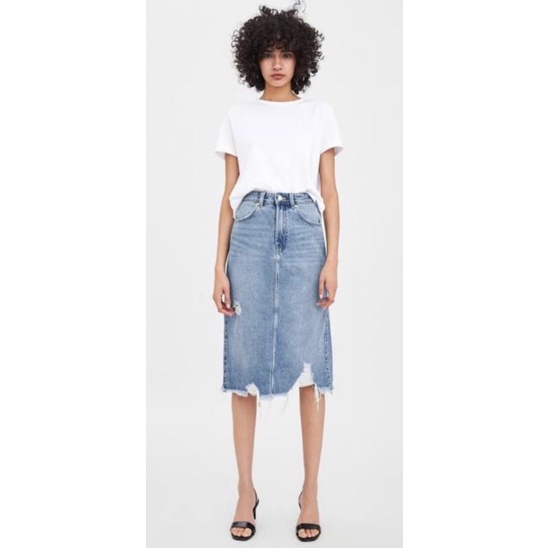 ZARA Ripped Denim Midi Skirt