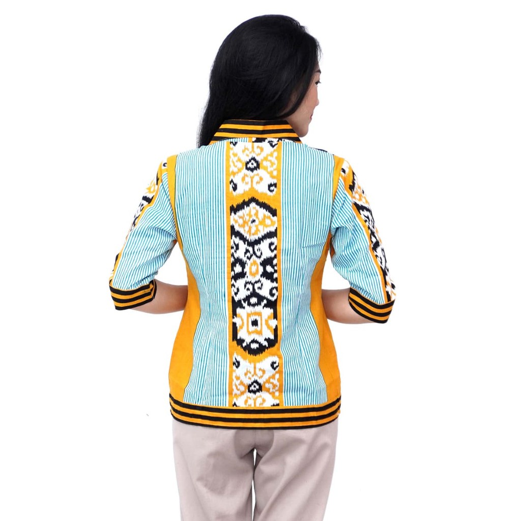 Batik Wanita Blouse Atasan Modern Lengan 3/4 Warna Kuning Bergaris Batik Dua Putri Collection