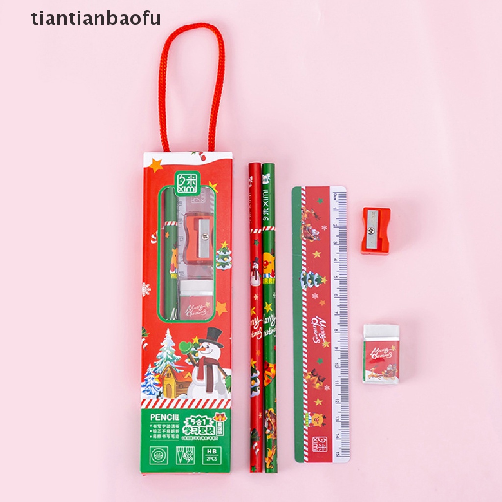 5 Pcs / Set Alat Tulis Pensil Penggaris Penghapus Rautan Portabel Tema Natal Dengan Kotak Untuk Hadiah