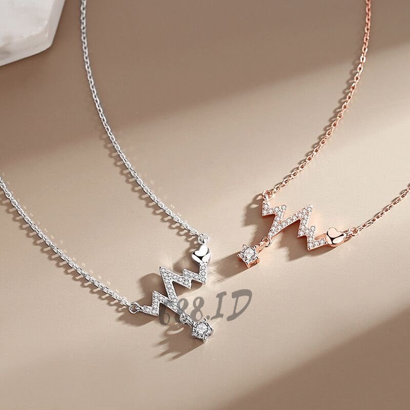Kalung Rantai Wanita Korea dengan Liontin Detak Jantung Heart Beat Aksen Kristal Berlian Warna Silver Gold Cantik Fashion Necklace Hits NL 15
