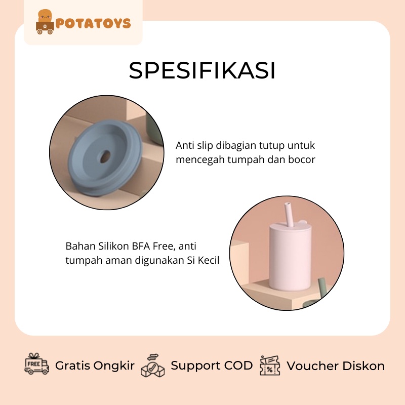 [ Potatoys ] Premium Silicone Water Cup + Straw Baby | Gelas + Sedotan Silikon Bayi