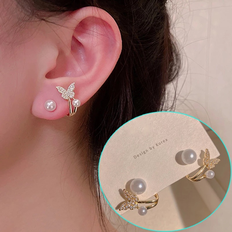 Anting Stud Desain Kupu-Kupu Aksen Mutiara Berlian Imitasi Gaya Elegan Untuk Wanita