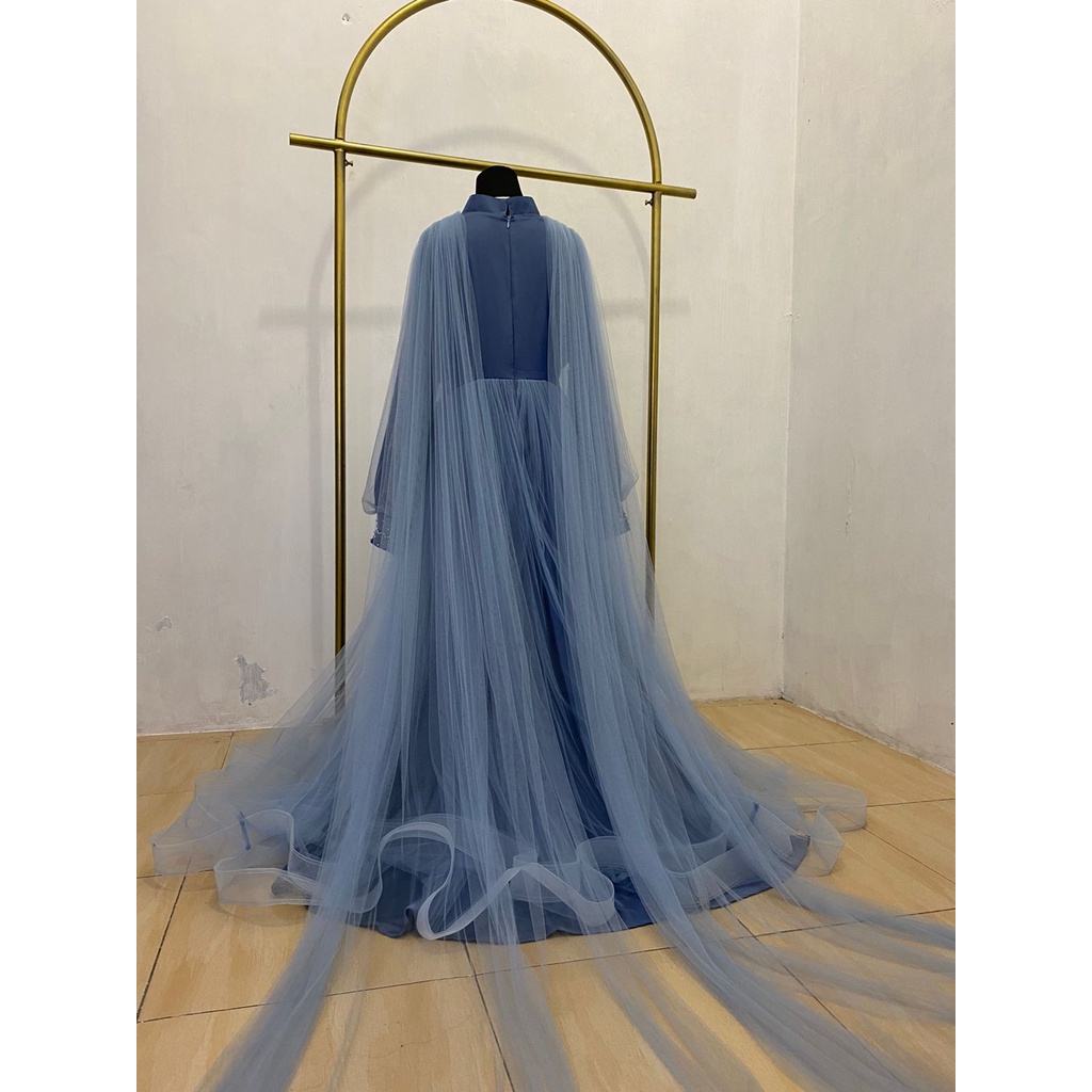 Khadijah Double Tulle Denim Premium | Gaun Pesta | Dress Kondangan | Dress Maternity | dress maternity hijab | gaun maternity