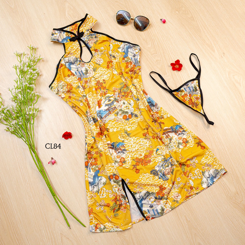 [PRODUCT NEW] COSTUME LINGERIE SEXY KOSTUM CHEONGSAM MOTIF SEKSI KUNING BUNGA CL84