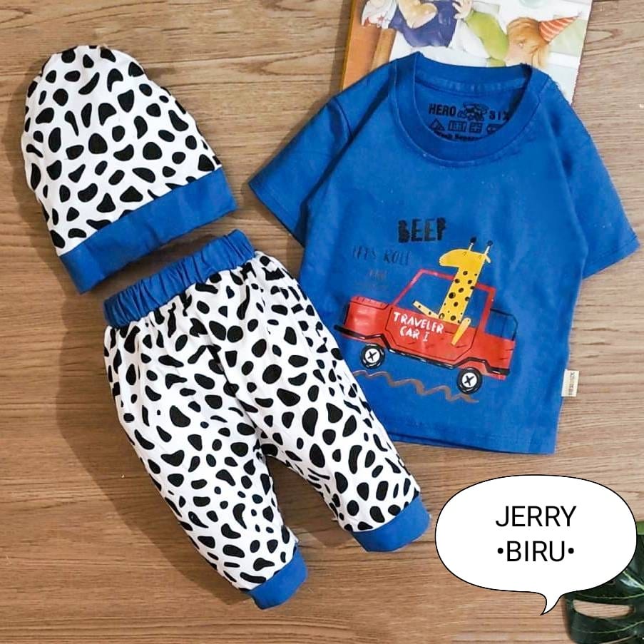 Setelan Anak / Baju Bayi Laki - Laki 0-9 Bulan Atasan Kaos Celana Free Topi Motif Jerry