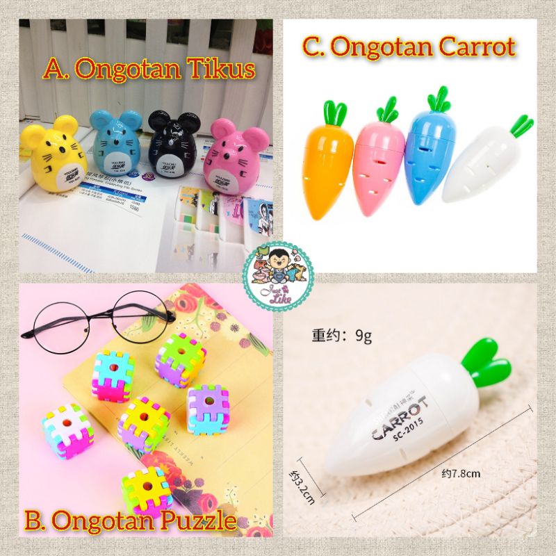 

JLIKE-Ongotan / Peraut / Serutan Pensil Putar Karakter Carrot, Tikus & Puzzle 3,5×3,5 cm | Rautan Pensil Putar Puzzle