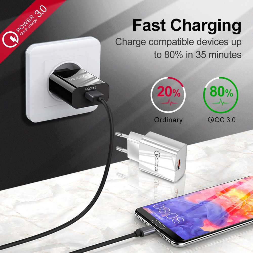Adapter Charger Dinding USB QC3.0 18W 3A Fast Charging Untuk Android / iOS