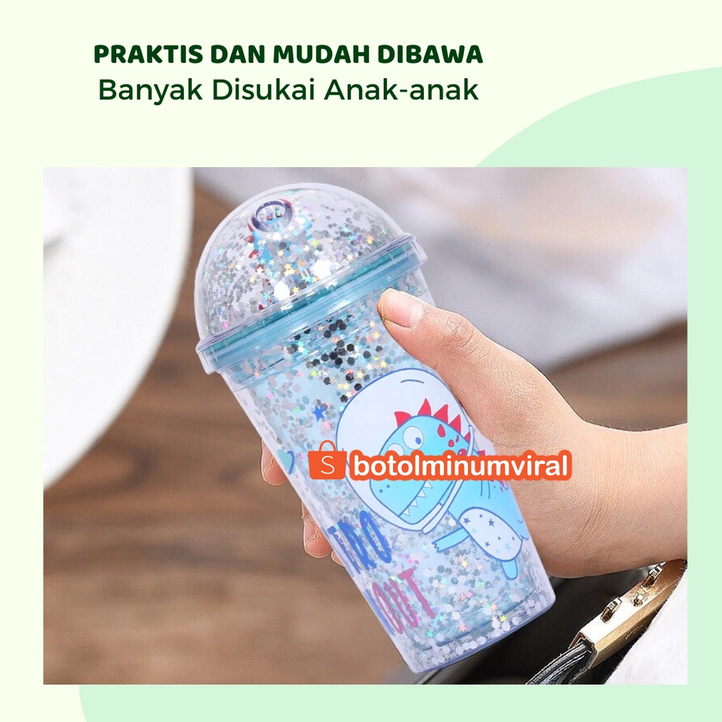 Botol Minum Glitter Tumblr Unicorn Dino Sedotan Viral Hadiah Aesthetic Premium Import