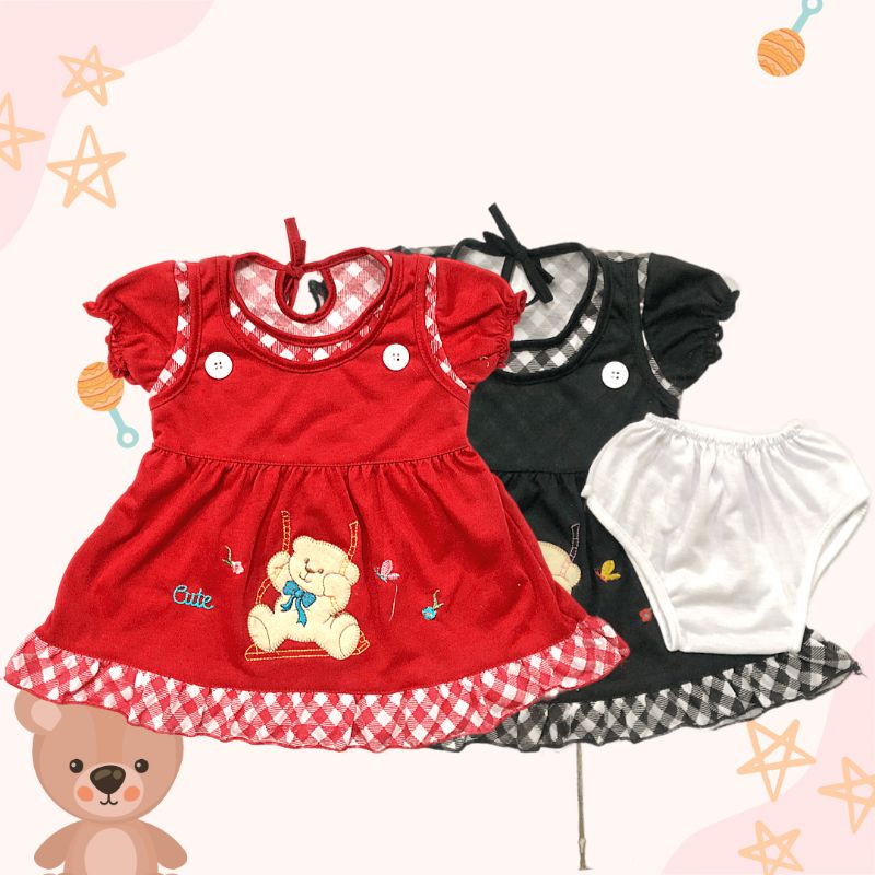 Cute Bear Kancing Baby Dress/Rok Bayi/Pakaian Bayi/Setelan Bayi/Baju Anak Perempuan
