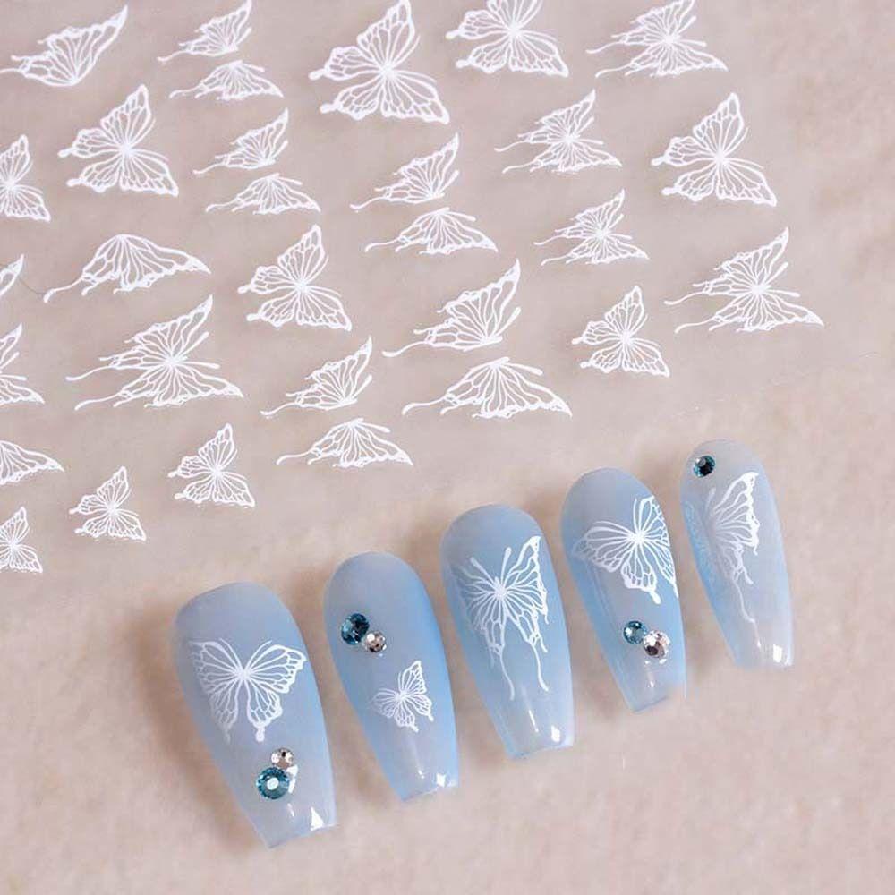 AUGUSTINA Agustina Butterfly Stiker Kuku Tangan Dicat Kupu-Kupu Korea Perekat Diri Hitam Putih Berongga Butterfly Nail Art Dekorasi