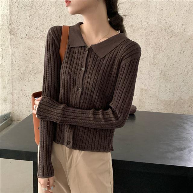 Red 2022 musim gugur baru pakaian wanita mahasiswa cardigan top gaya Korea chic slim kerah twist twist lengan panjang rajutan sweater