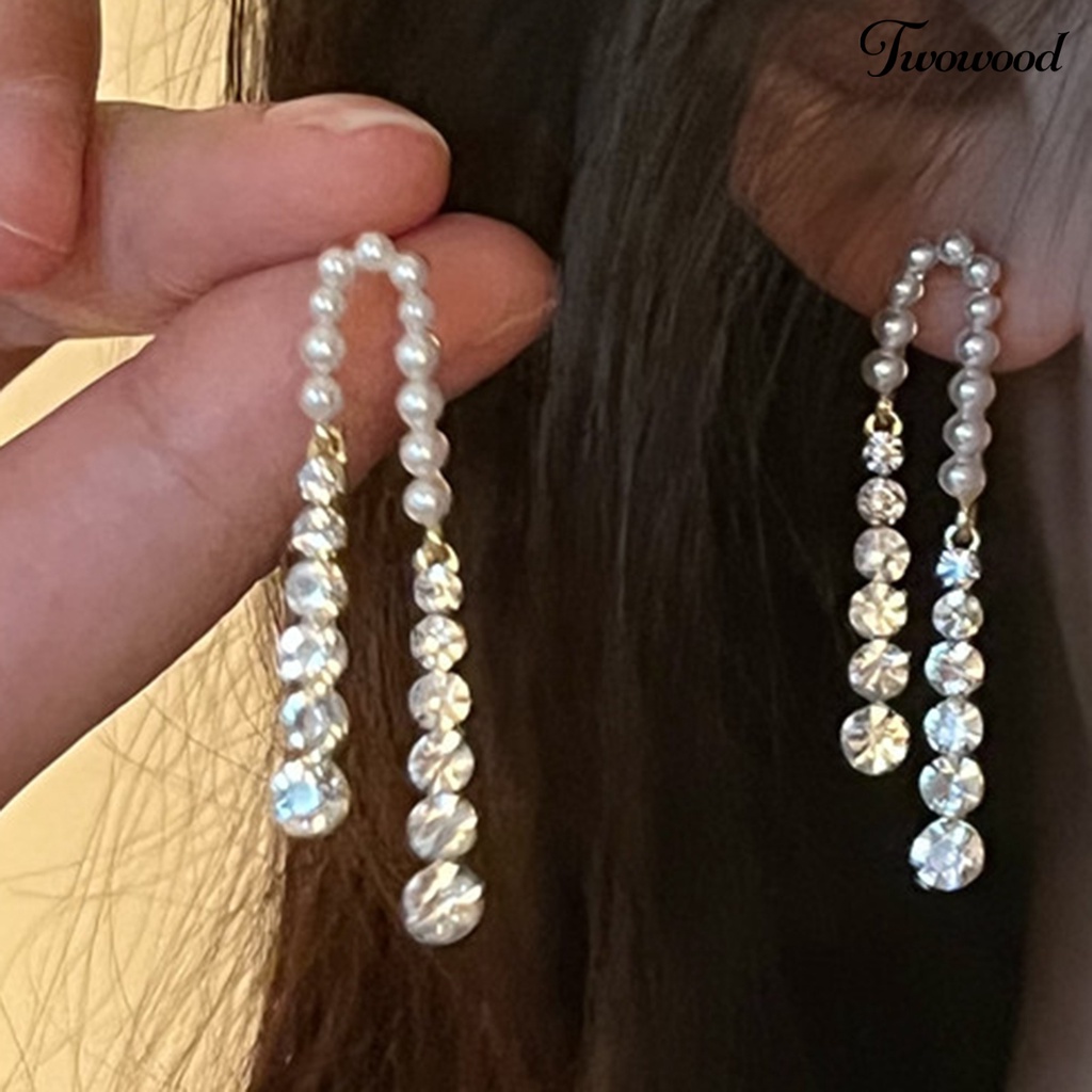 1 Pasang Anting Juntai Panjang Aksen Mutiara Tiruan Bahan Cubic Zirconia Gaya Perancis Untuk Wanita