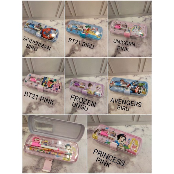 

kotak pensil 2 tingkat Gambar Spiderman, Bt21, Frozen, Princess, Avengers