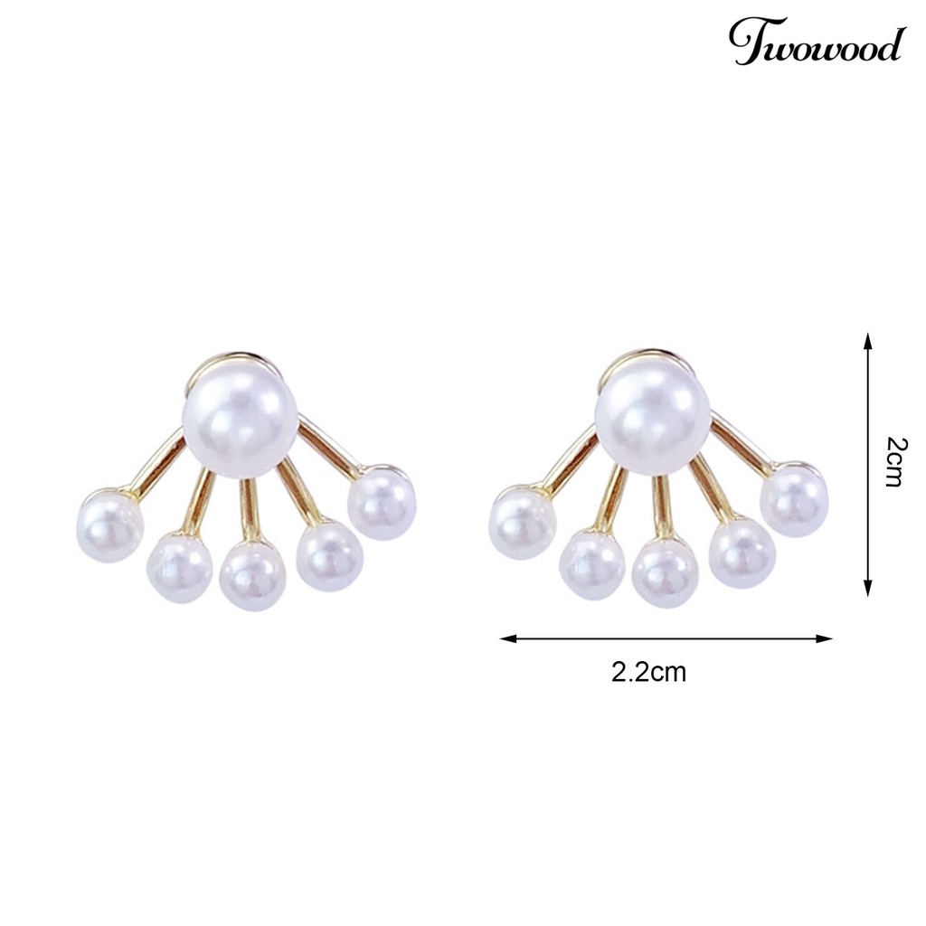 1 Pasang Anting Stud Bentuk Kipas Geometris Aksen Mutiara Tiruan Gaya Elegan Minimalis Untuk Wanita