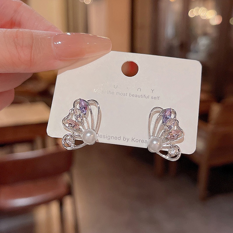 Anting Tusuk Sterling Silver 925 Desain Kupu-Kupu Hias Zircon + Mutiara Mewah Untuk Wanita