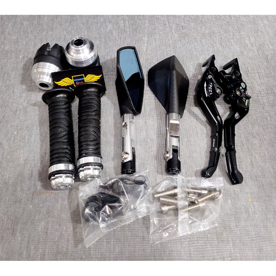 Paket 4in1 Spion tomok v2+jalu as roda depan+grip ring cnc+Handle stelan CNC/NMAX OLD/NEW/VIXION/R15 V3/SONIC 150/VERZA/CB150/CBR250/BEAT/VARIO