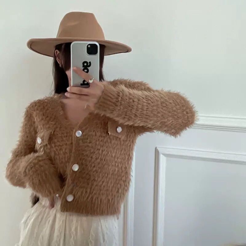 QUEEN SAKURA - Q3706B - ATHENA FLUFFY FURY KNIT CARDIGAN IMPORT - CARDIGAN RAJUT BULU CASUAL KOREA W