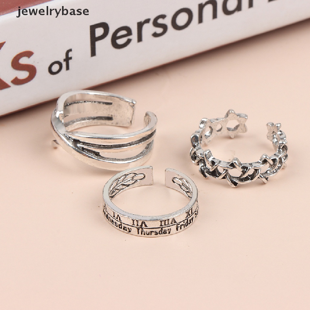 3pcs / set Cincin Model Terbuka Adjustable Desain Hexagram Roman Numeral Gaya Punk Untuk Pasangan